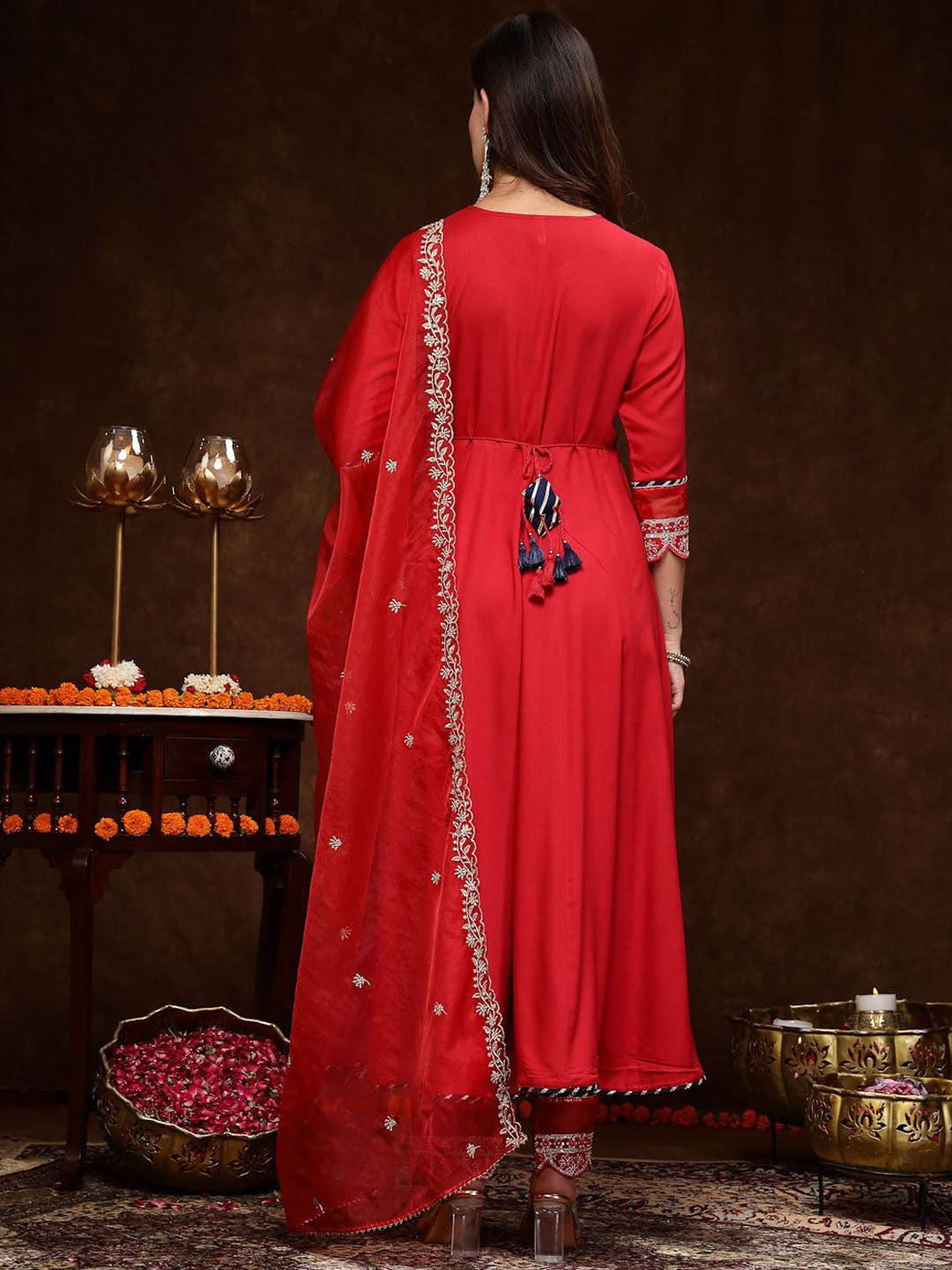 Red & Gold Toned Ethnic Motifs Embroidered Anarkali Kurta & Trousers With Dupatta