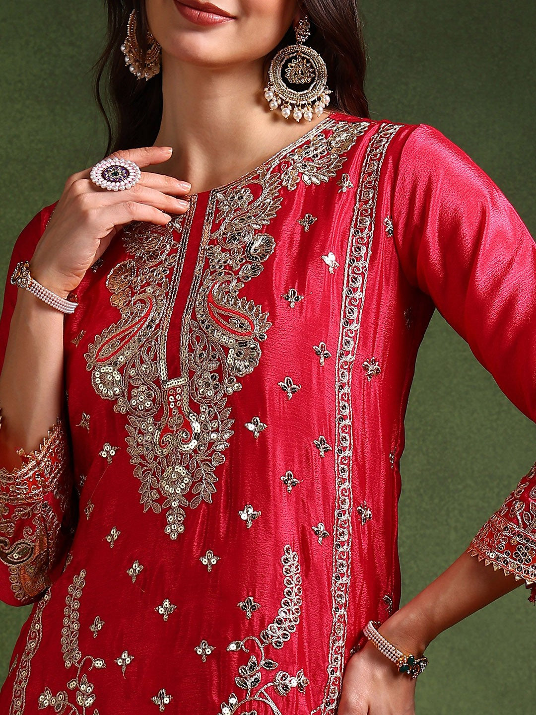 Ethnic Motifs Embroidered Sequinned Silk Chiffon Kurta Set