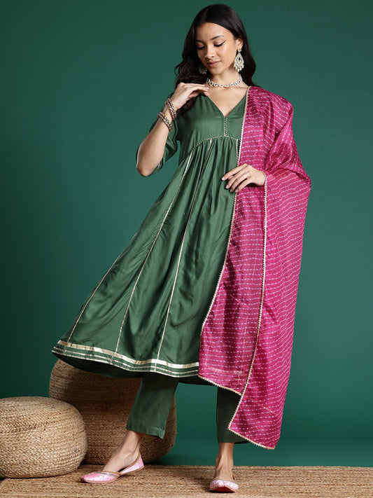 Gotta Patti Detail Empire Kurta Set With Striped Dupatta