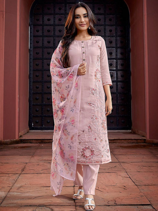 Floral Embroidered Thread Work Straight Kurta with Trousers & Dupatta