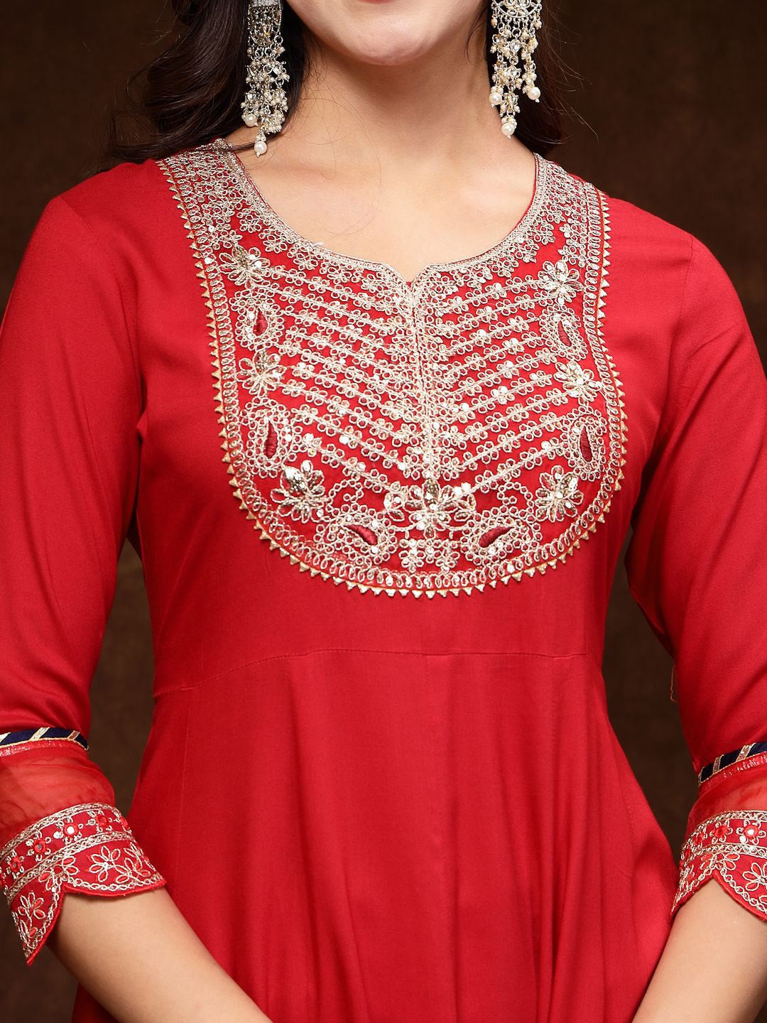 Red & Gold Toned Ethnic Motifs Embroidered Anarkali Kurta & Trousers With Dupatta