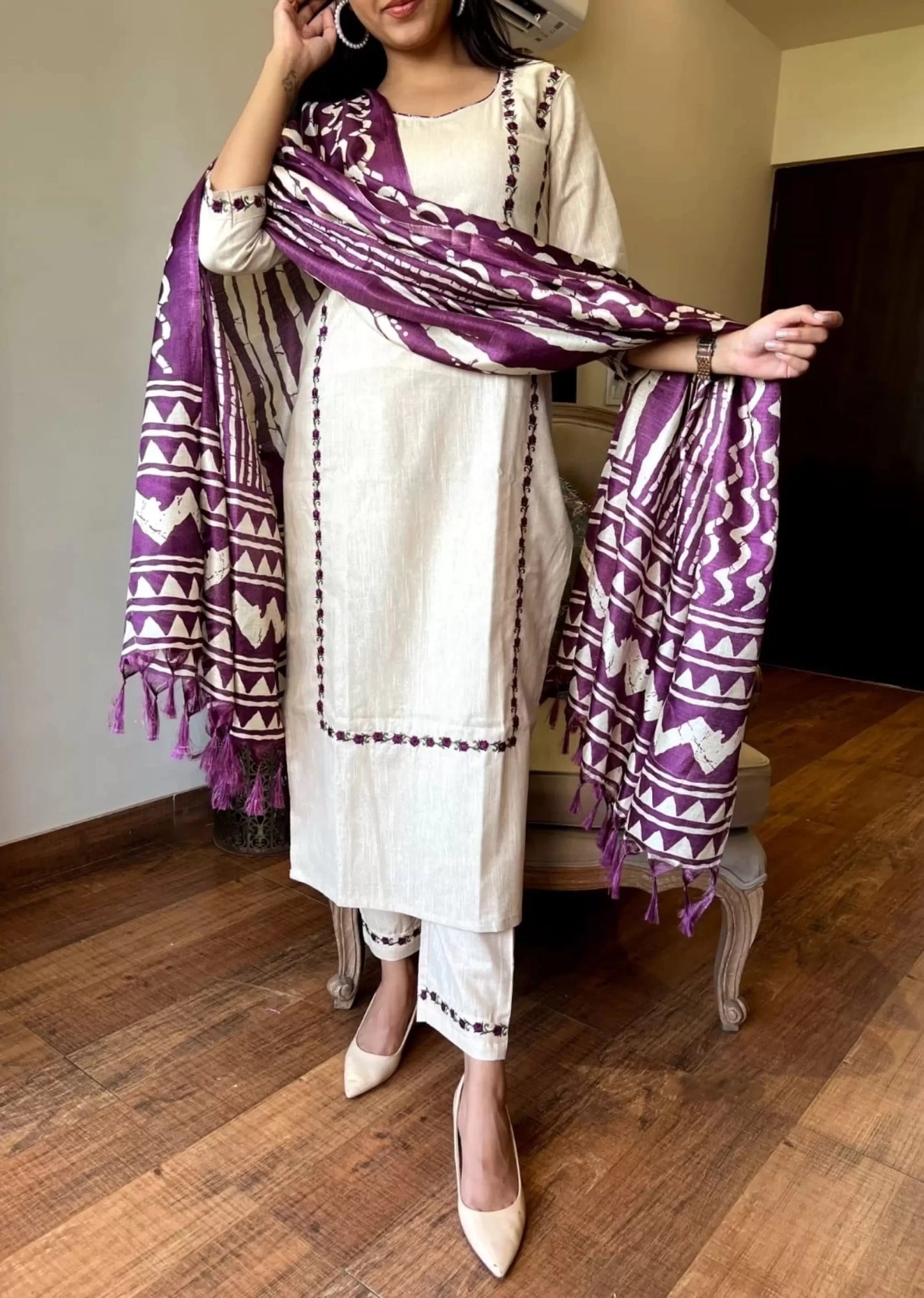 Women Cream and Purple Pure Cotton Kurta Pant Dupatta Set