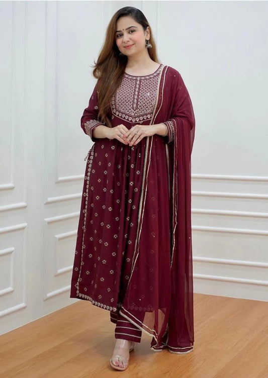 Women Maroon Embroidered Viscose Rayon Kurta Pant Dupatta Set