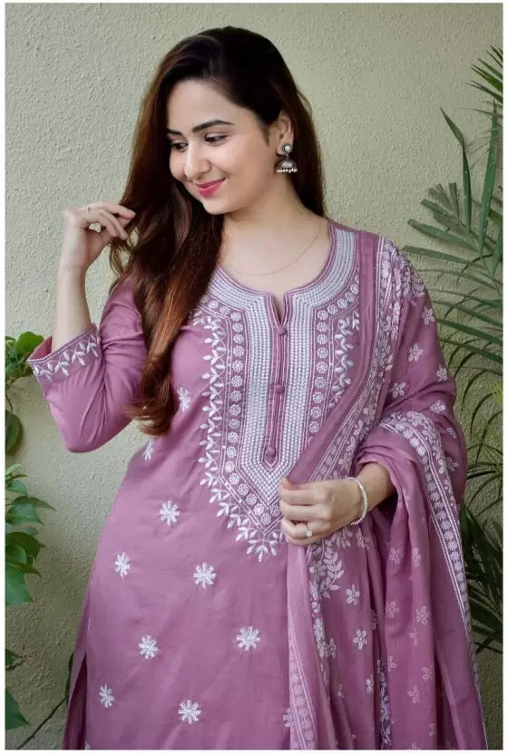 Women Purple Cotton Blend Kurta Pant Dupatta Set