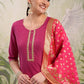 Pink Vishudh Round Neck Embellished Straight Kurta & Palazzos With Dupatta