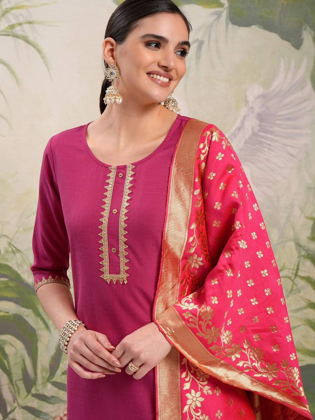 Pink Vishudh Round Neck Embellished Straight Kurta & Palazzos With Dupatta