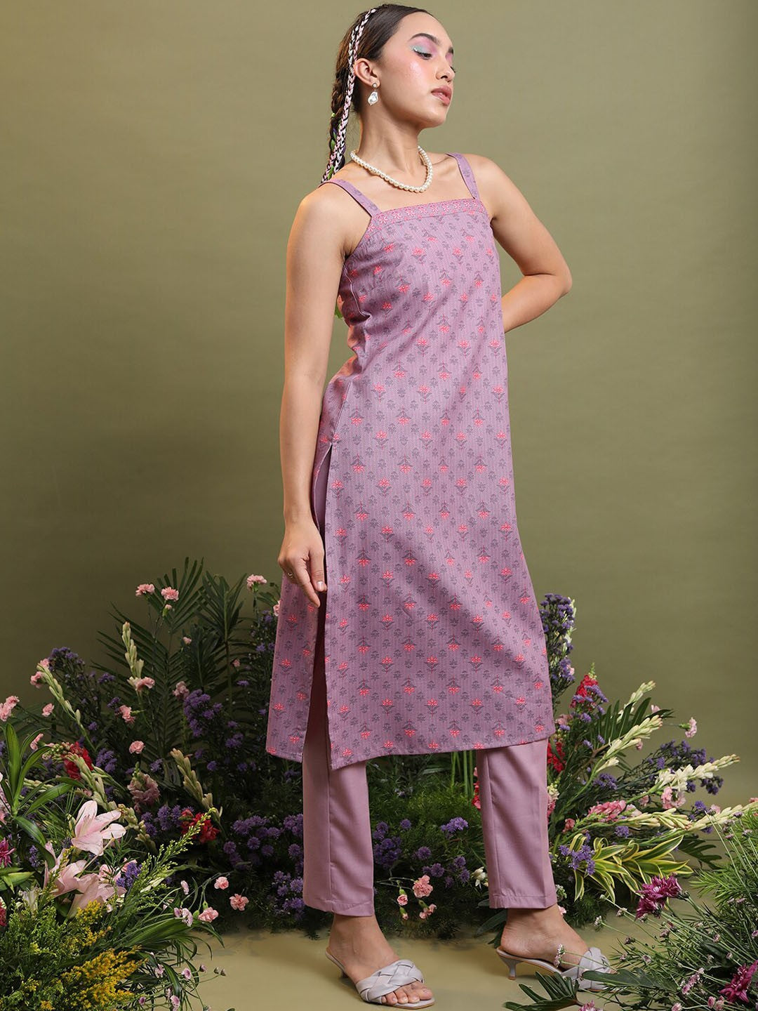 Mauve Floral Printed Straight Kurta with Trousers & Dupatta