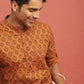 Men Mustard Orange & Green Bagru Printed Sustainable Straight Kurta with Roll-Up Sleeves