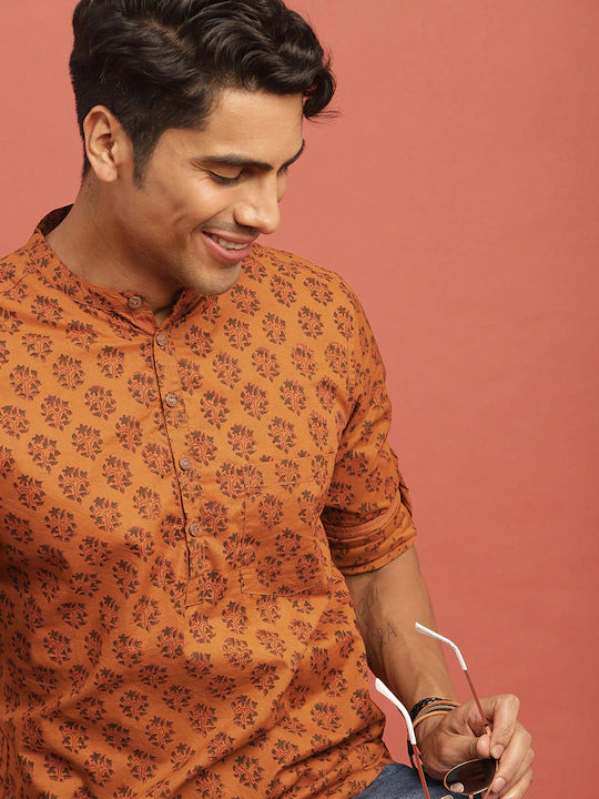 Men Mustard Orange & Green Bagru Printed Sustainable Straight Kurta with Roll-Up Sleeves