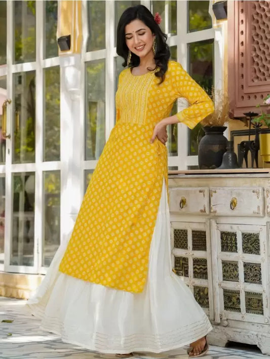 Women Yellow Viscose Rayon Kurta Skirt Set