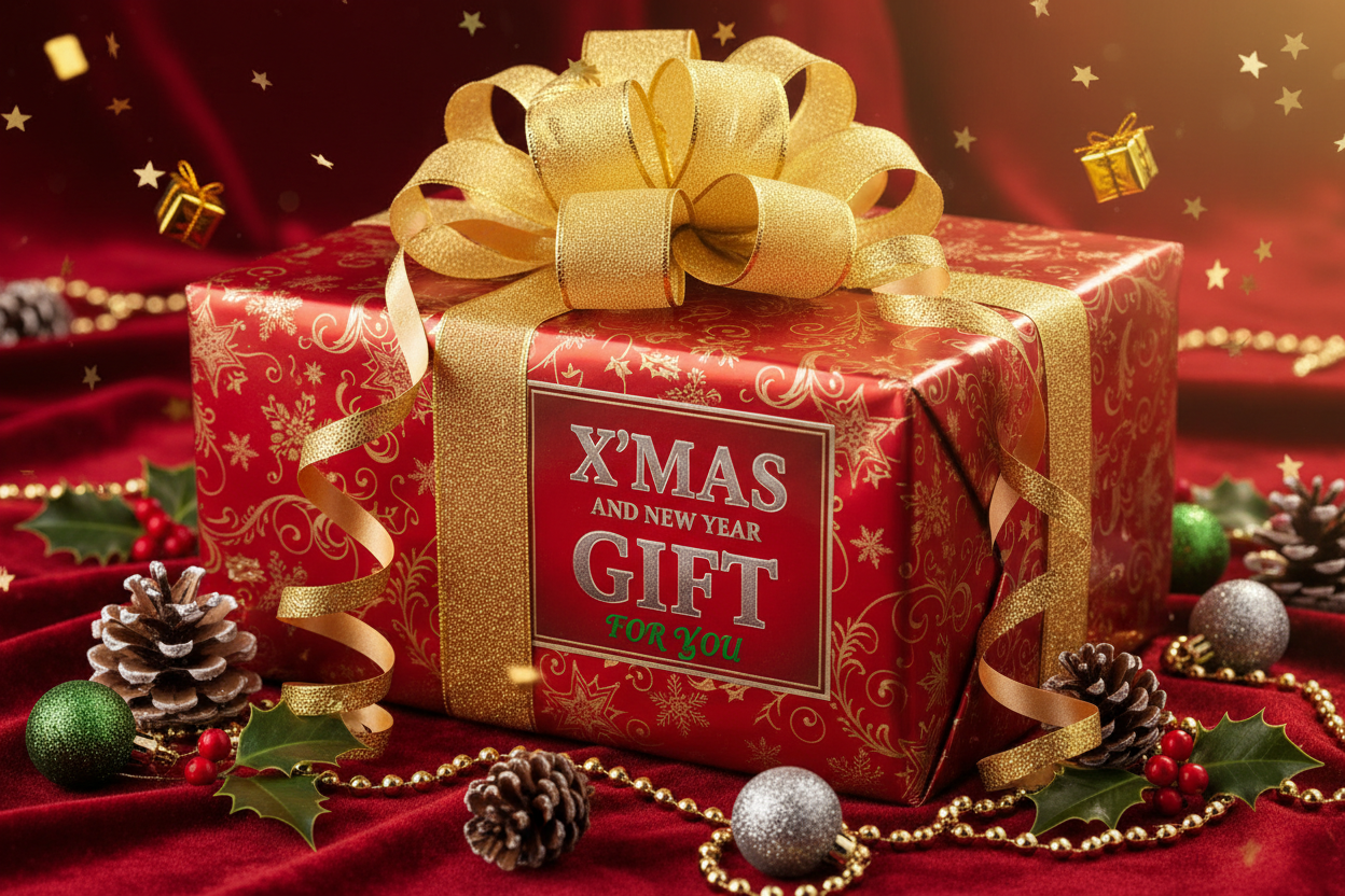 SHOW A GIFT BOX AND TEXT X'MAS AND NEW YEAR GIFT