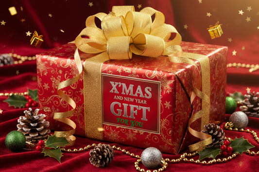 SHOW A GIFT BOX AND TEXT X'MAS AND NEW YEAR GIFT