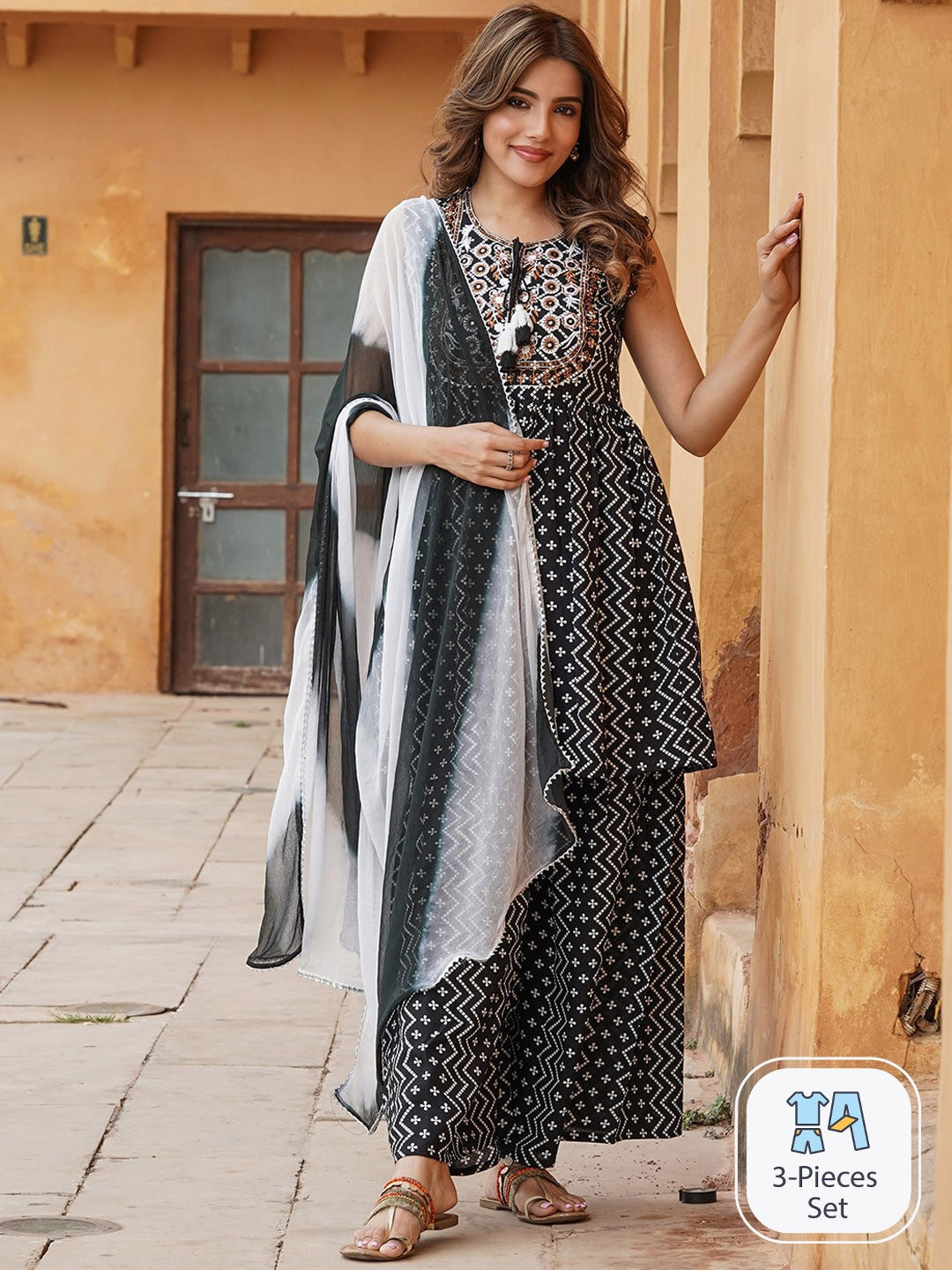 Ethnic Motifs Printed Thread Work Kurta with Sharara & Dupatta