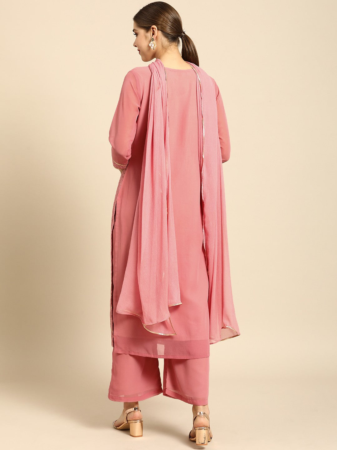 Women Pink Ethnic Motifs Embroidered Sequinned Kurta with Palazzos & Dupatta