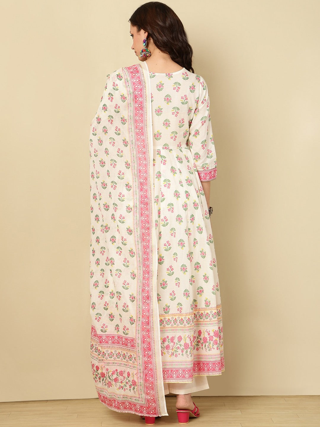 Floral Printed Layered Pure Cotton Kurta with Trousers & Dupatta