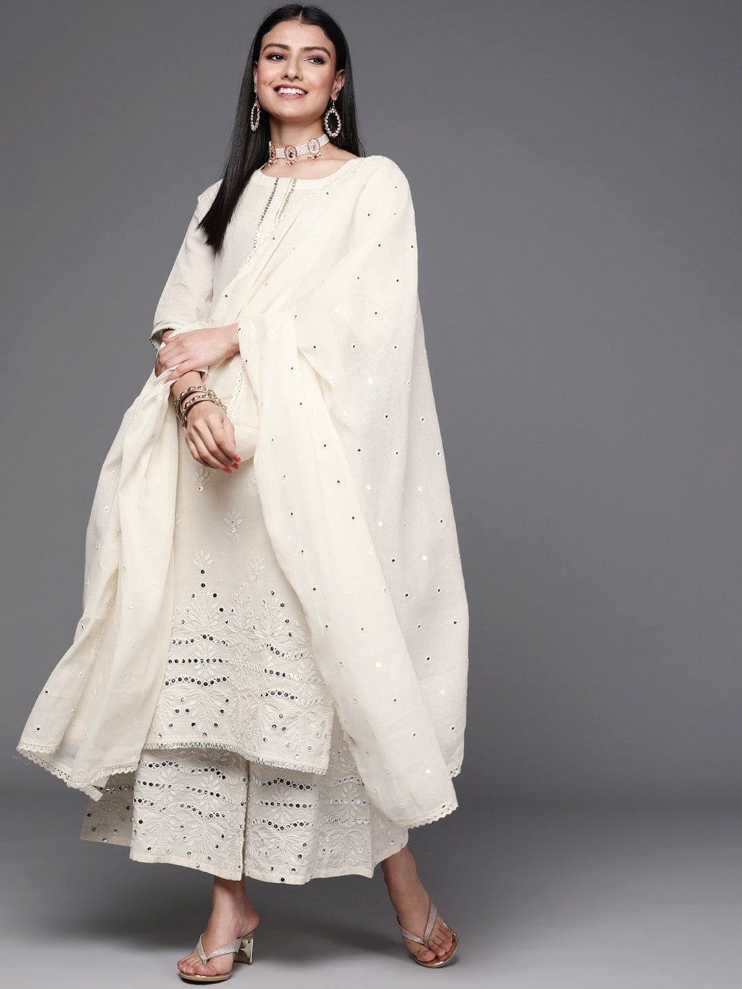 Women Off White Floral Mirror detail Cotton Straight Kurta & Palazzos with Dupatta