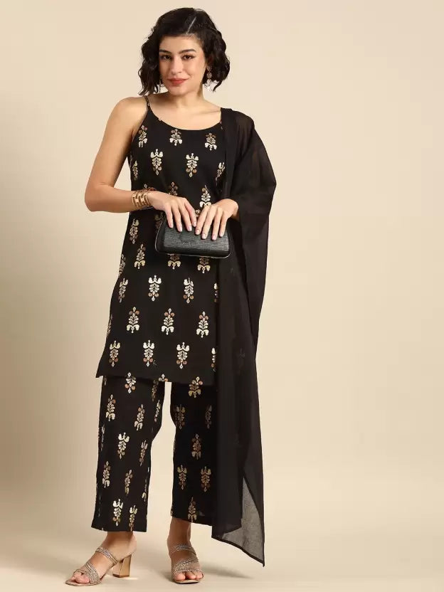 Women Black Pure Cotton Kurta Pant Set