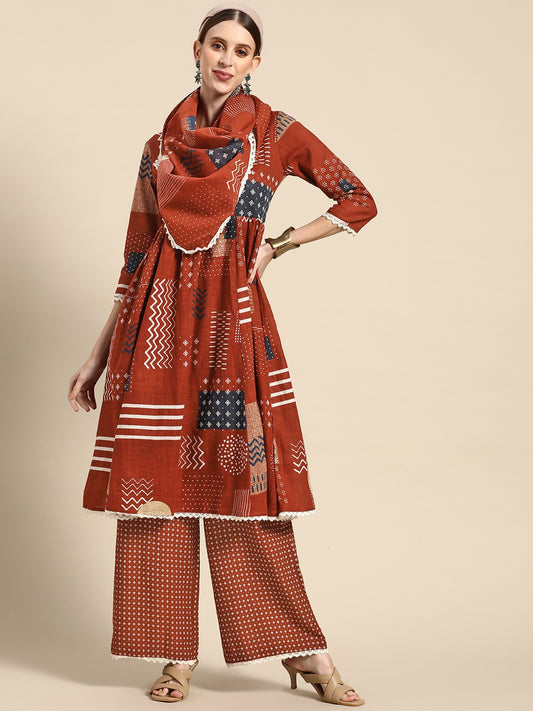 Women Rust Ethnic Motifs Printed Panelled Gotta Patti Pure Cotton Kurta with Palazzos & With Dupatta