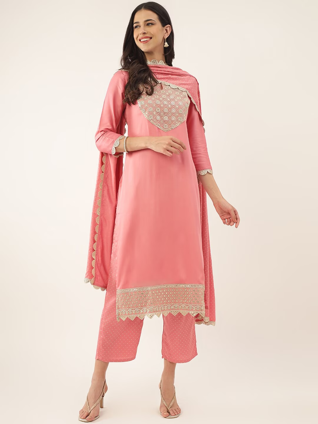 Ethnic Motifs Yoke Design Sequinned Kurta with Trousers & Dupatta