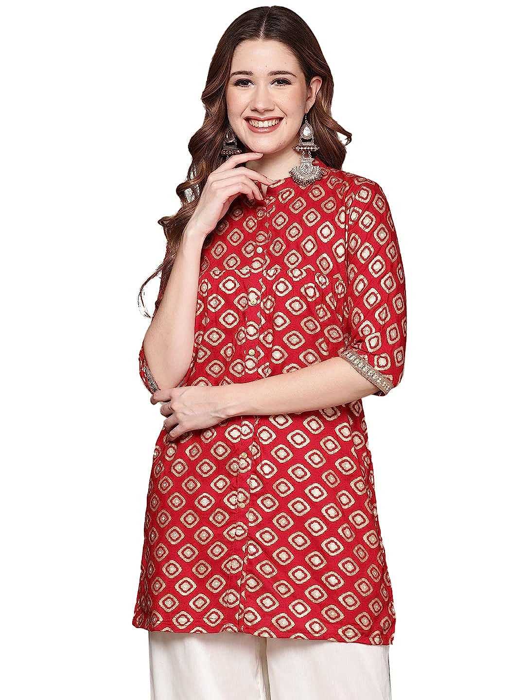 Red & Beige Geometric Printed Kurti