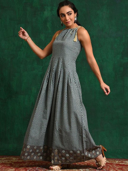 Printed Cotton Round Neck A-Line Maxi Dress