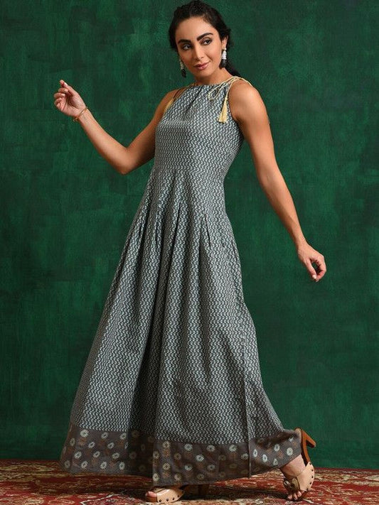 Printed Cotton Round Neck A-Line Maxi Dress