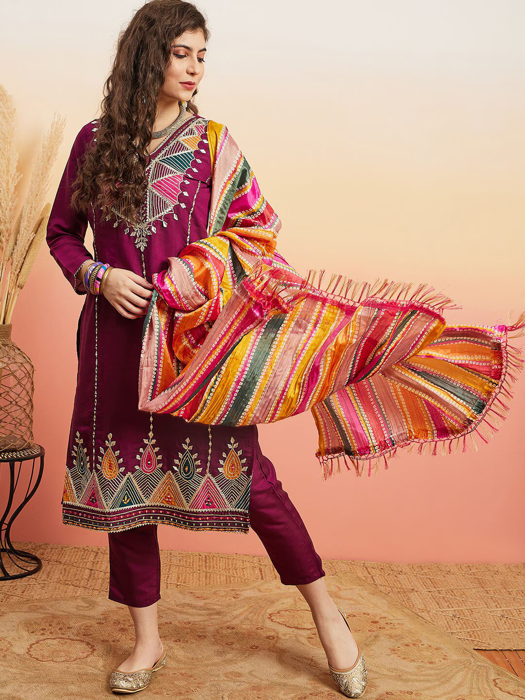 Purple Ethnic Motifs Embroidered Gotta Patti Straight Kurta With Trouser & Dupatta