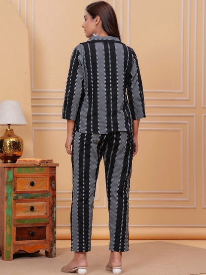 Women Viscose Rayon Striped Shirt Collar Shirt & Trousers Co-Ord