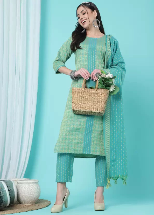 Women Green Cotton Blend Kurti Pant Dupatta Set