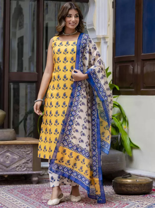 Women Yellow Floral Cotton Blend Kurta Palazzo Dupatta Set