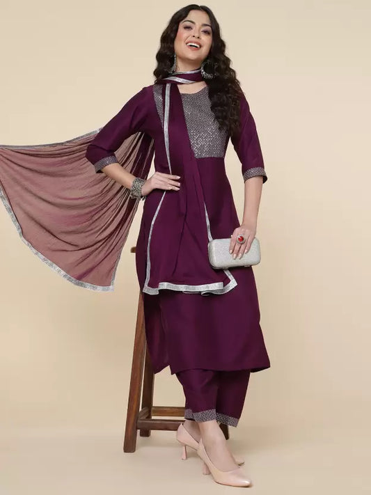 Women Purple Silk Blend Kurta Palazzo Dupatta Set