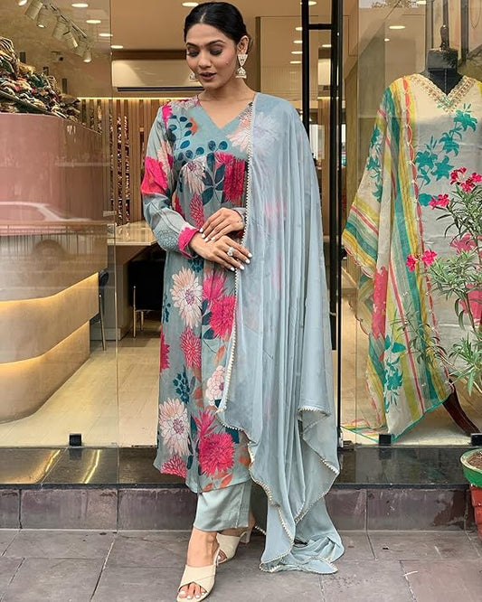 Women's Floral Cotton Rayon Straight Printed 3Pc Kurta Set