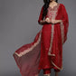 Women Red Viscose Rayon Kurta Trouser Dupatta Set