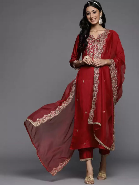 Women Red Viscose Rayon Kurta Trouser Dupatta Set