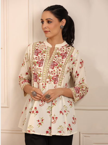 Floral Printed Mandarin Collar Pure Cotton A-Line kurti