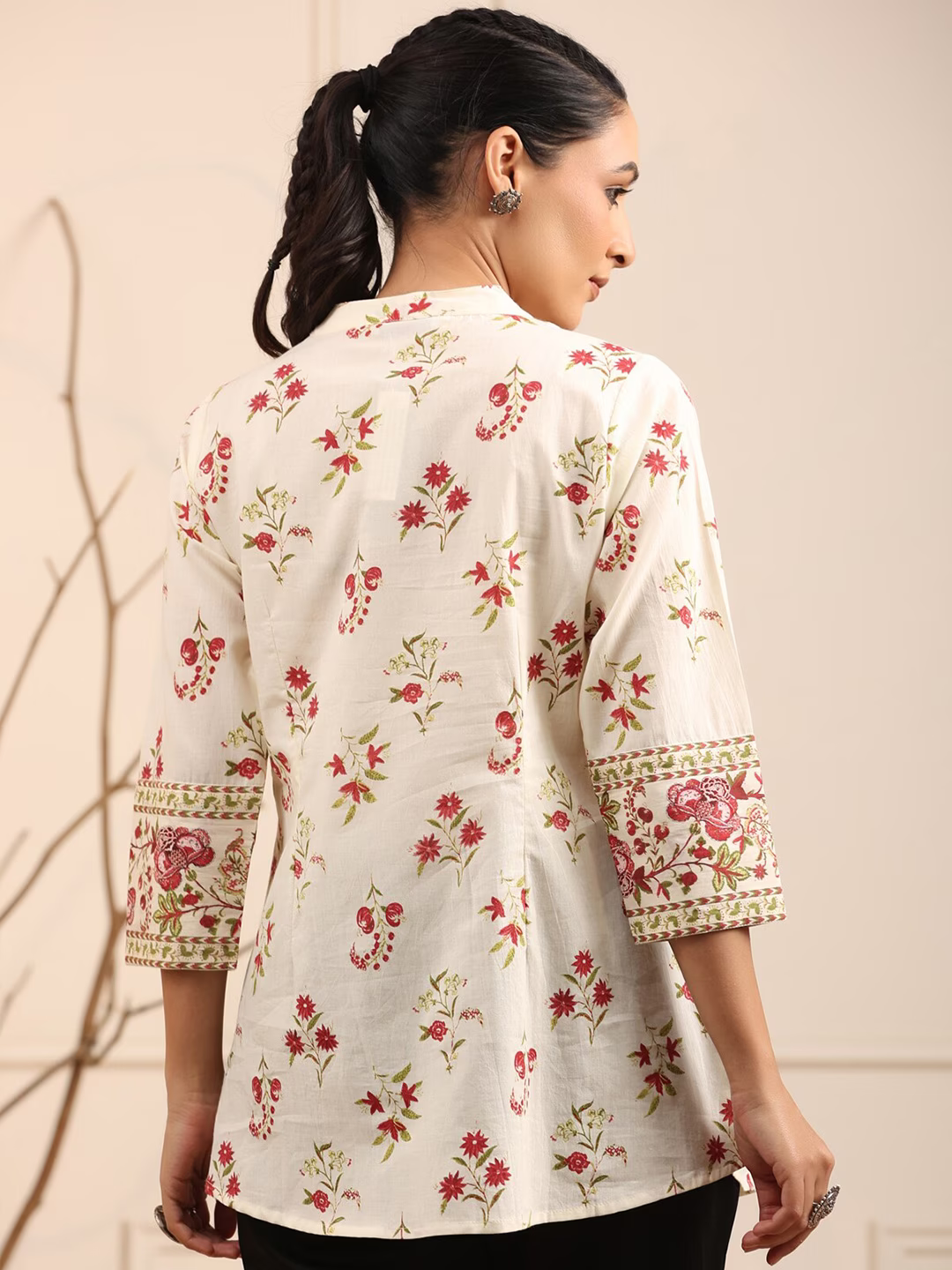 Floral Printed Mandarin Collar Pure Cotton A-Line kurti