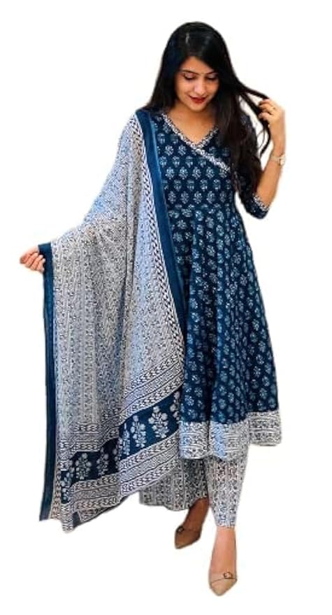 Women's Blue Rayon Anarkali Kurta Pant and Dupatta Set