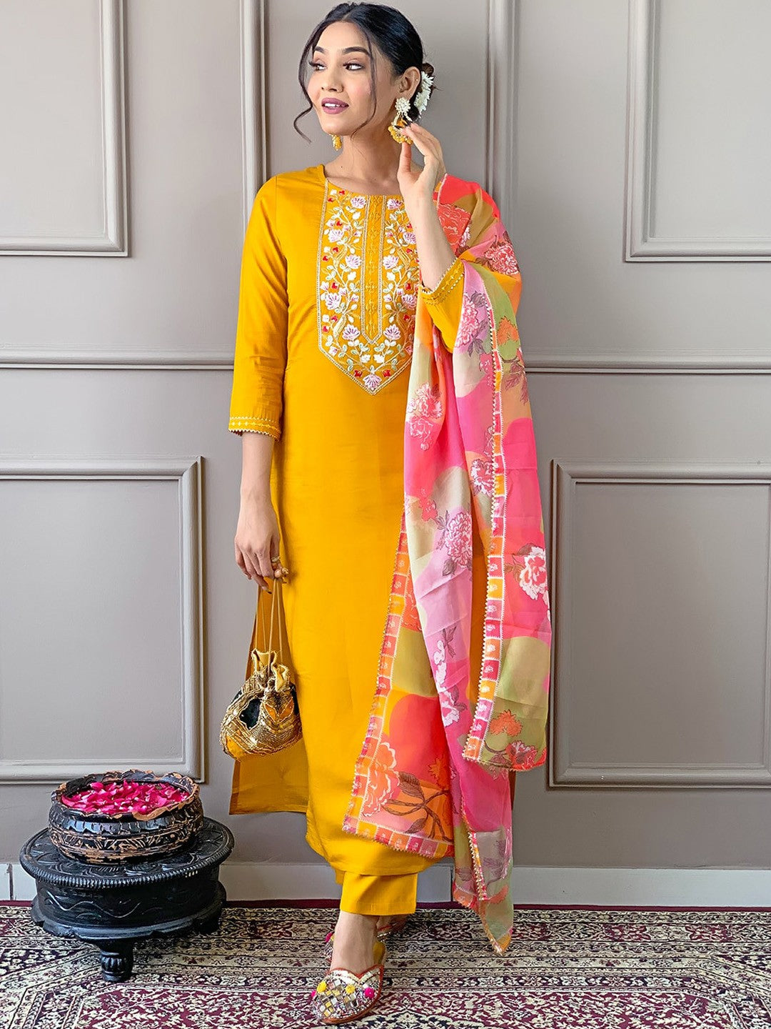 Floral Embroidered Straight Kurta With Trousers & Dupatta