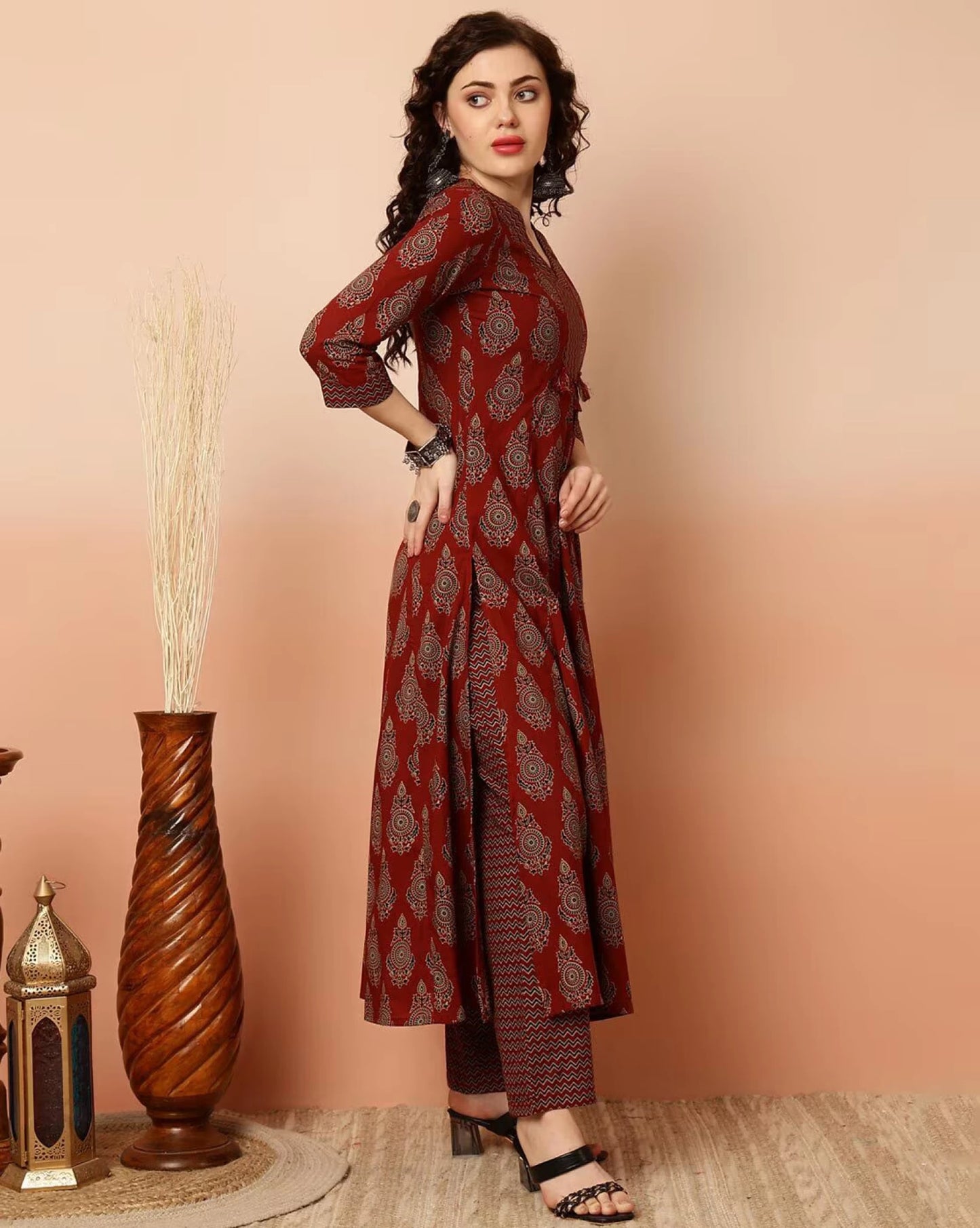 Women Maroon A-line Viscose Rayon Kurta Pant Dupatta Set