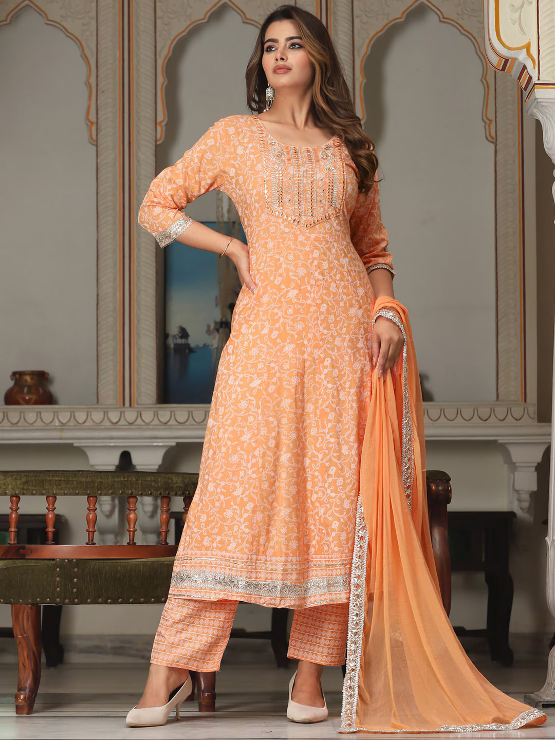 Floral Printed Mirror Work Anarkali Kurta & Trousers With Dupatta