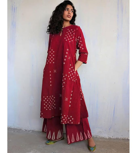 Red Cotton Kurta Palazzo Set