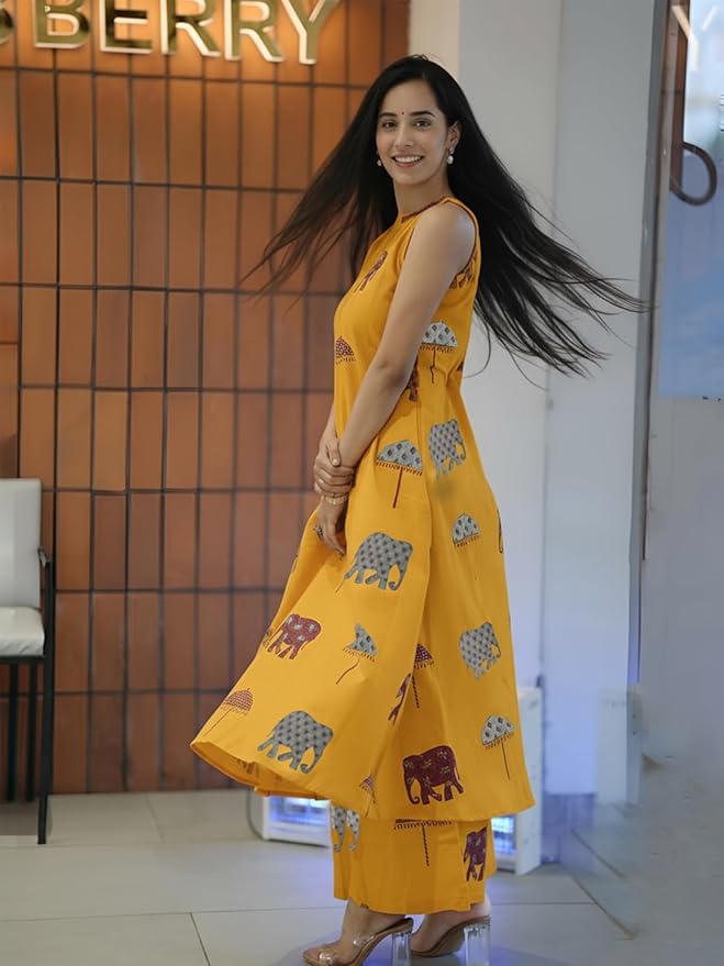 Elephant Print Sleeveless Kurta Palazzo set (Yellow)