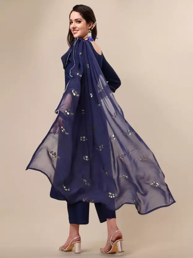 Women Blue Silk Blend Kurta Palazzo Dupatta Set