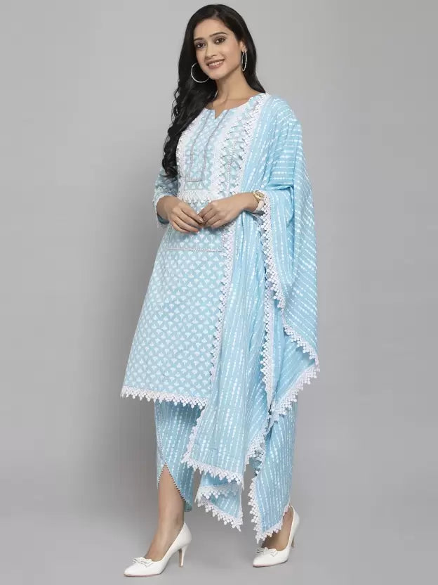 Women Pure Cotton Kurta Dhoti Pant Dupatta Set