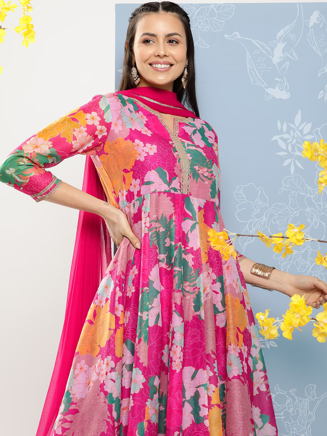 Floral Printed Regular Zardozi Kurta with Palazzos & With Dupatta