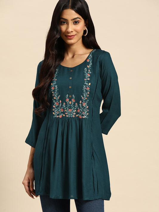Teal Floral Embroidered Longline Top