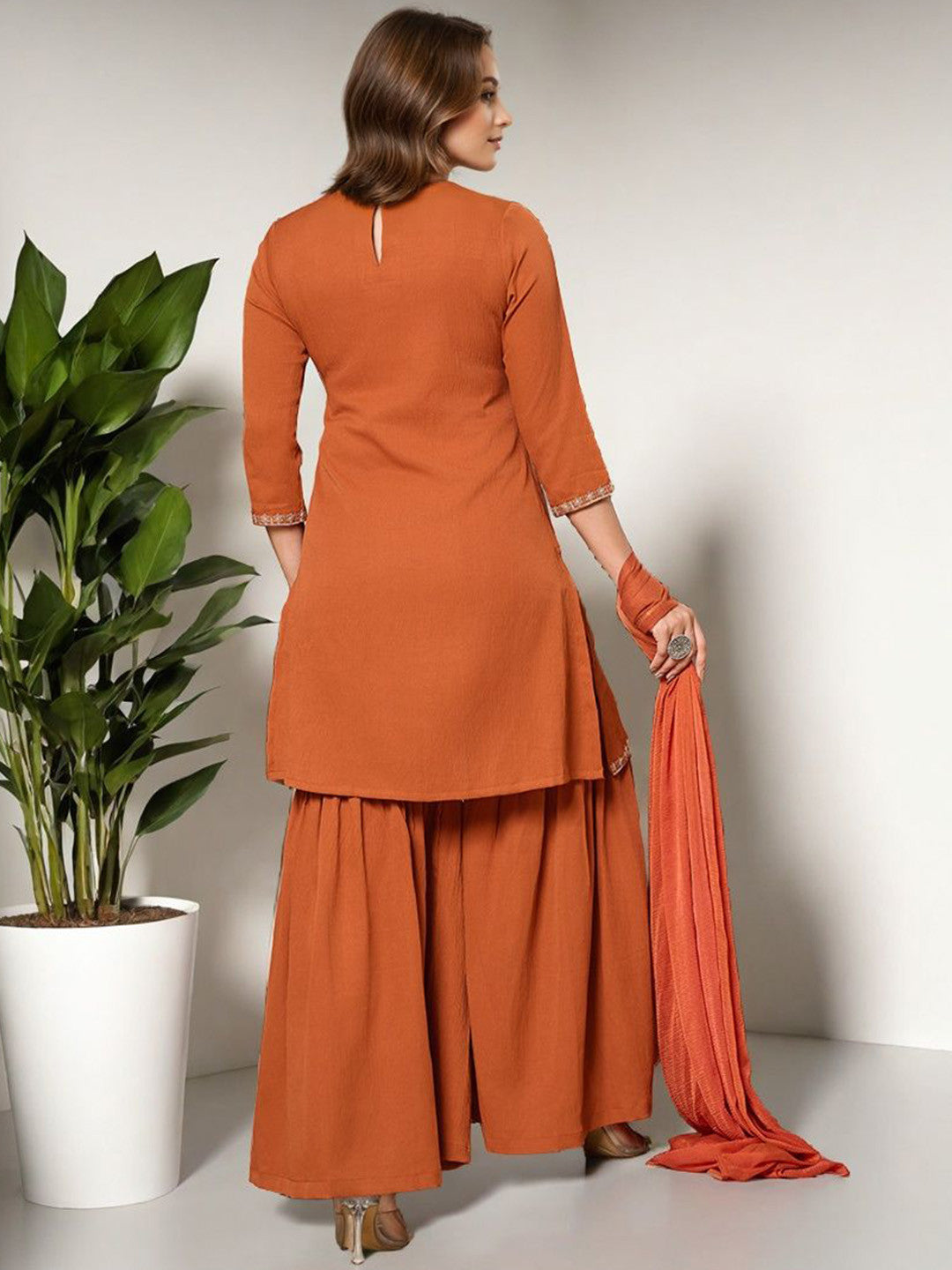 Floral Printed Thread Work Pure Silk Straight Kurta With Sharara & Dupatta