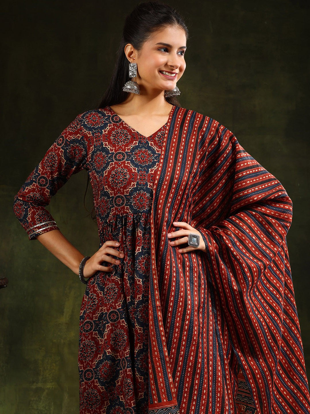 Ethnic Motifs Printed Anarkali Kurta With Trousers & Dupatta