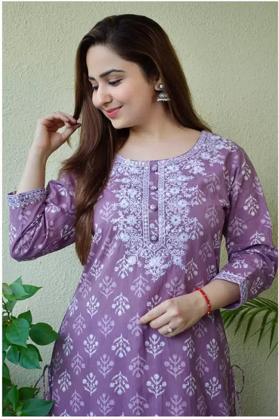 Women Purple Viscose Rayon Kurti Pant Set