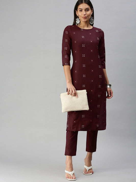 Women Pure Cotton Geometric Woven Design Kurta with Trousers